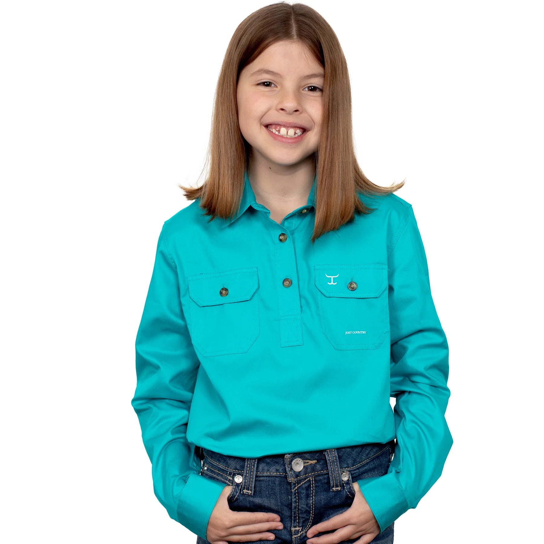 Just Country Girls Kenzie Half Button Long Sleeve Shirt (Turquoise)
