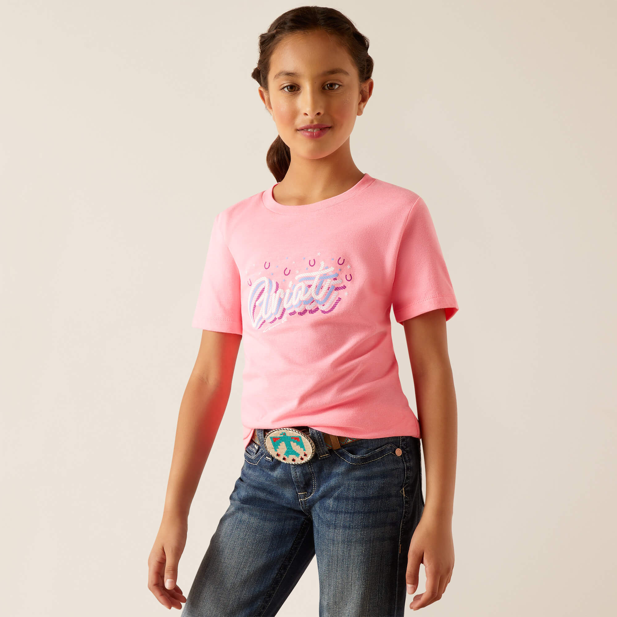 Ariat Girls Rainbow Script Short Sleeve T-Shirt (Neon Pink Heather)