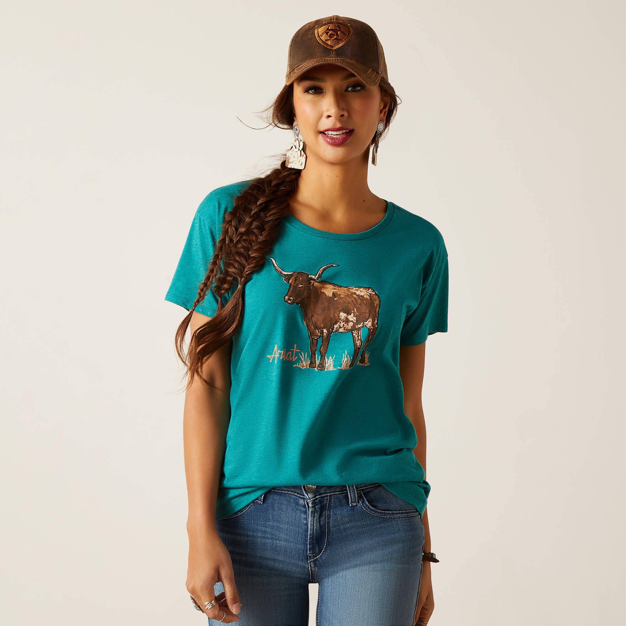 Ariat Womens Longhorn Watercolor Short Sleeve T-Shirt (Teal Green Heather)