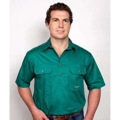 Just Country Mens Adam Half Button Short Sleeve Workshirt (Dark Green)
