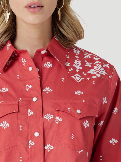 Wrangler Womens Retro Western Snap Long Sleeve Shirt (Red)