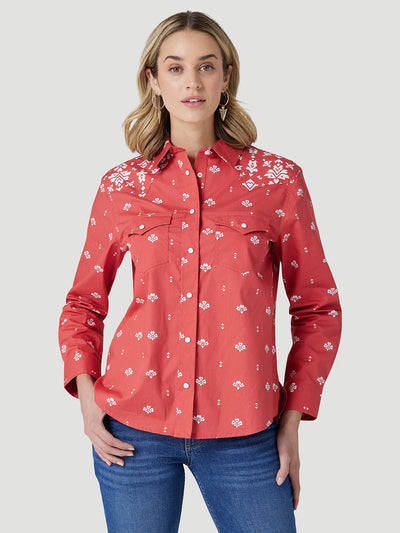 Wrangler Womens Retro Western Snap Long Sleeve Shirt (Red)