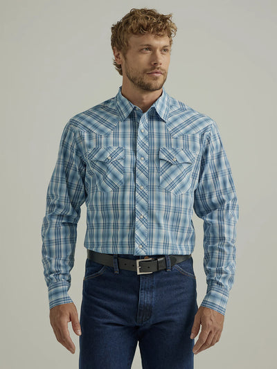 Wrangler Mens Long Sleeve Fashion Western Snap Shirt (Dusk Blue)