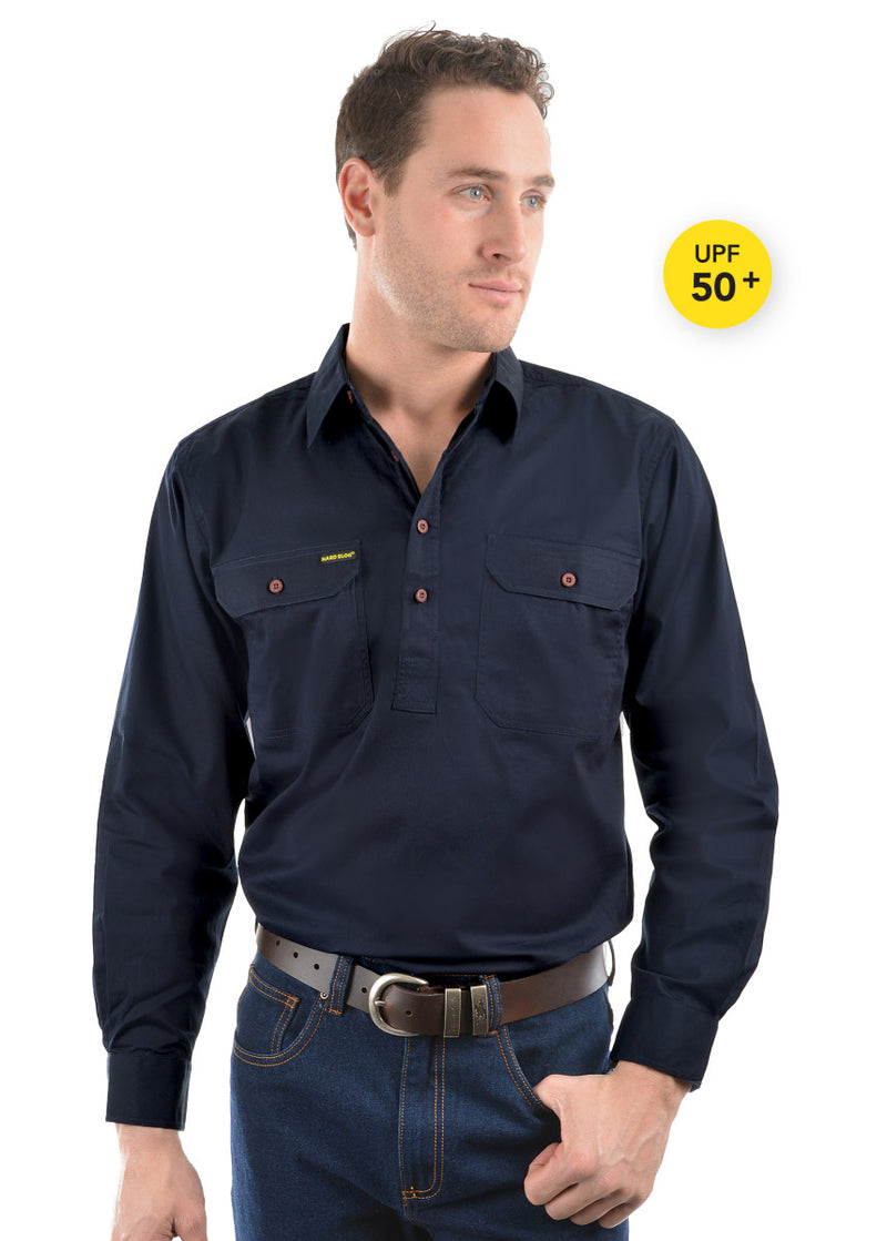 Hard Slog Mens Half Button Light Cotton Work Shirt (Dark Navy)