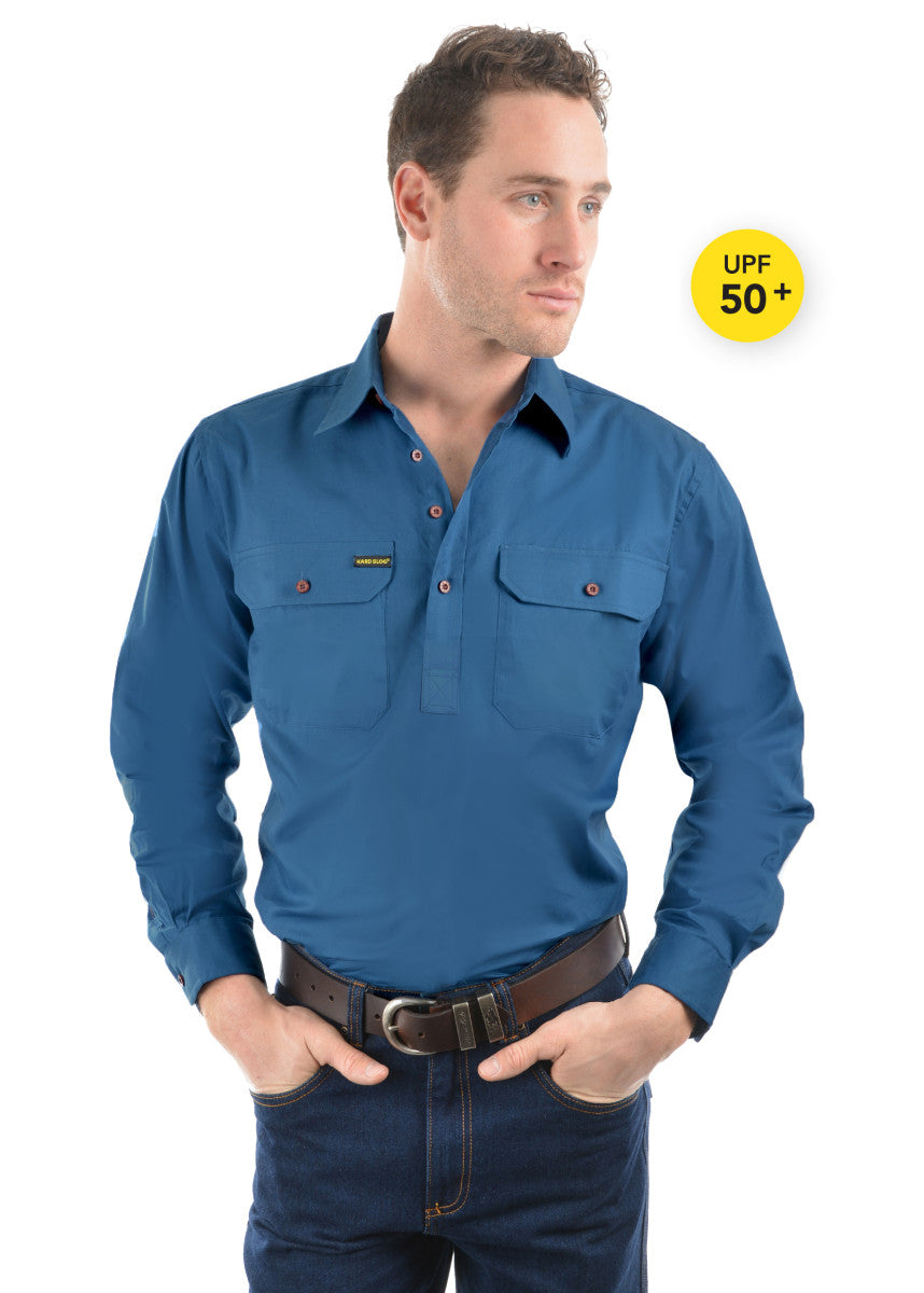 Hard Slog Mens Half Button Light Cotton Work Shirt (Blue River)