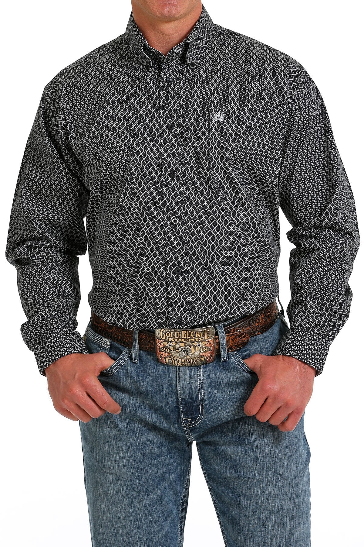 Cinch Mens Geo Print Button-Down Long Sleeve Western Shirt (Navy)