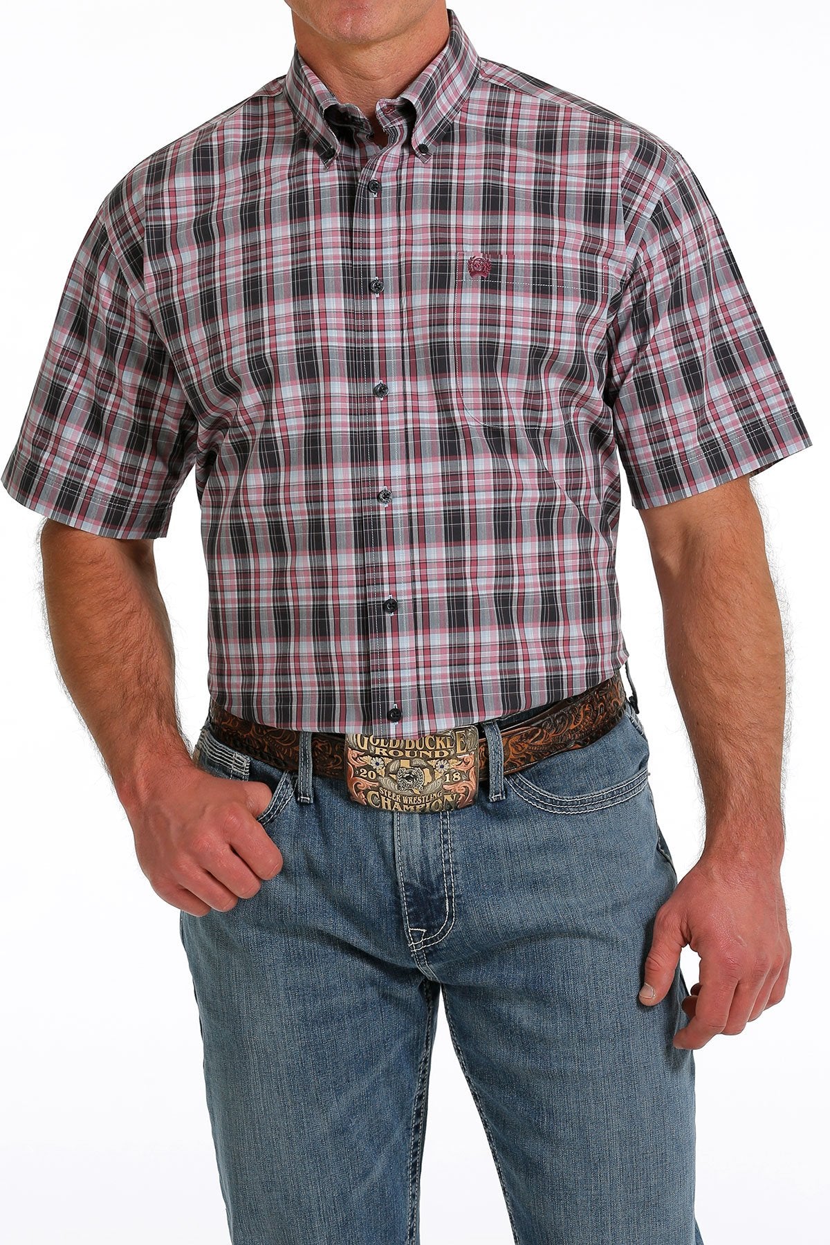 Cinch Mens Plaid Button-Down Short Sleeve Western Shirt (Navy)