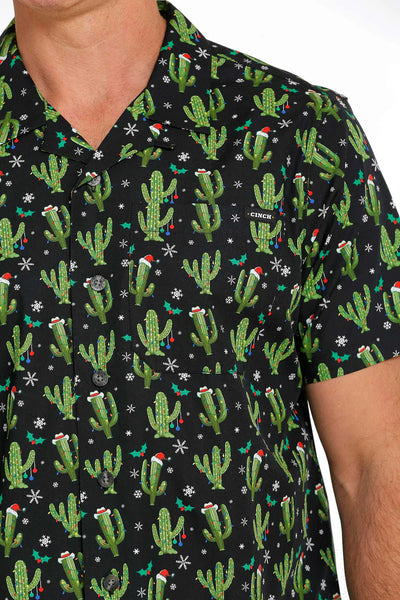 Cinch Mens Christmas Cactus Short Sleeve Camp Shirt (Black)