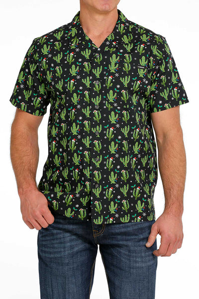Cinch Mens Christmas Cactus Short Sleeve Camp Shirt (Black)