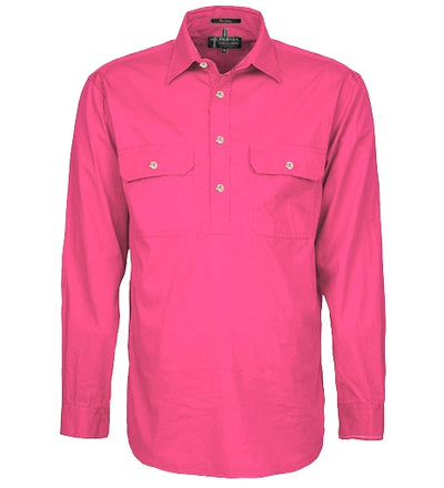 Ritemate Pilbara Mens Closed Front Long Sleeve Work Shirt (Hot Pink)