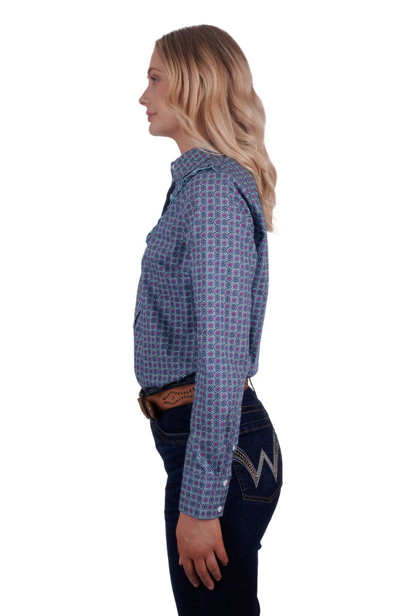 Wrangler Womens Asher Print Long Sleeve Shirt (Aqua)