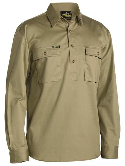 Bisley Mens Closed Front Cotton Drill Long Sleeve Shirt (Khaki)