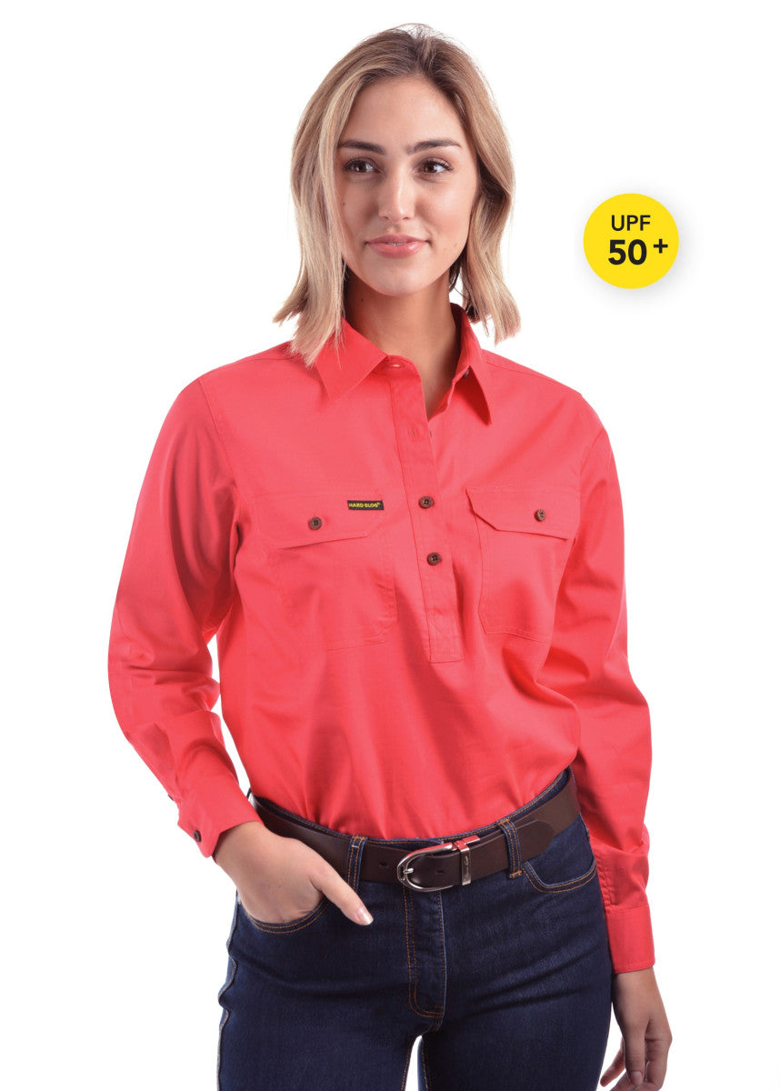 Hard Slog Womens Half Placket Light Cotton Work Shirt (Red Poppy)