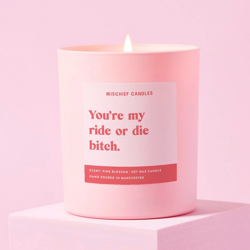 Ride or Die Bitch Friendship Gift For Her Funny Candle | 30cl Pink-45hr Burn Time/Midnight Queen Scent